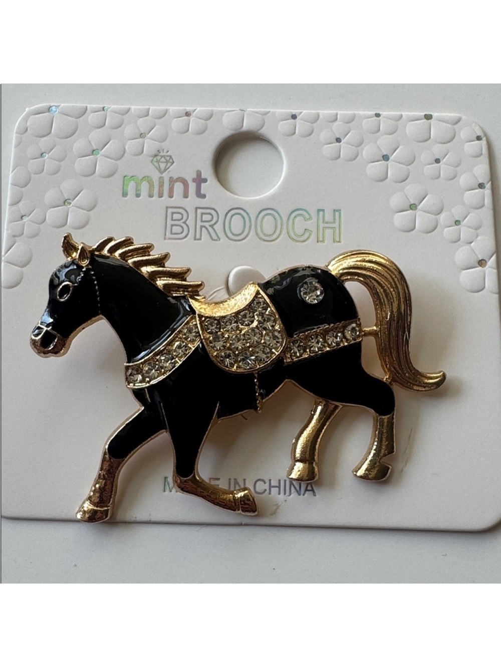 MINT | Elegant Horse Brooch Black Enamel & Gold Tone w/Rhinestones NWT NIP